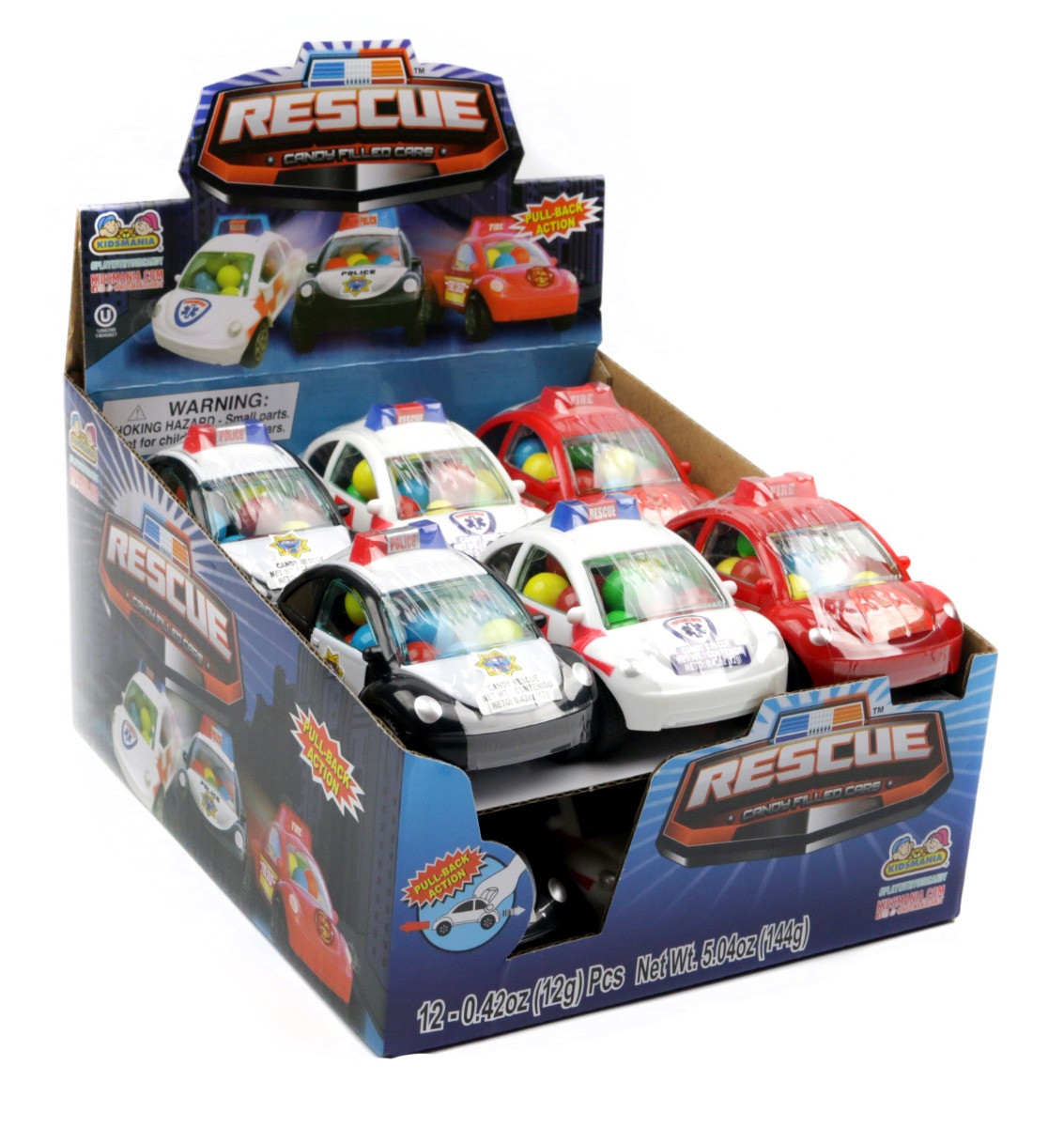 12 Kidsmania Rescue Ride candy filled cars, assorted red fire, white paramedic, blue police vehicles. Pull-back toys.