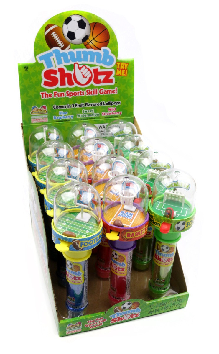 Kidsmania Thumb Shotz 12 piece box, blue raspberry, sweet watermelon, wild strawberry lollipops. Football, soccer, basketball.