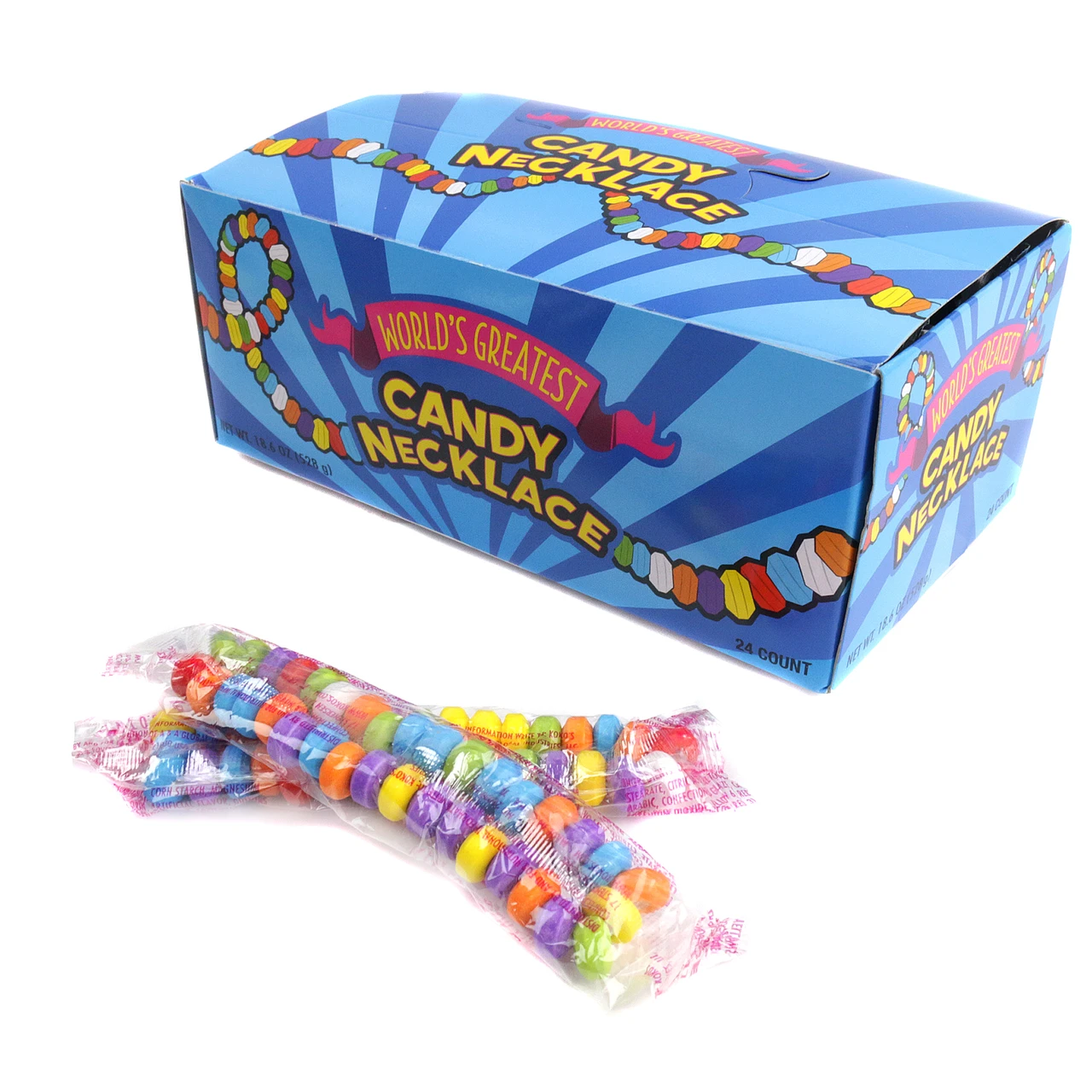 Bright, rainbow-colored 24 piece candy necklaces, individually wrapped.