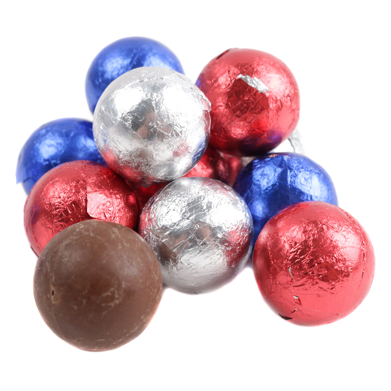 Bright red, silver, blue foil milk chocolate balls, approximately 60 per pound. 3/4 inch, perfect for patriotic parties.