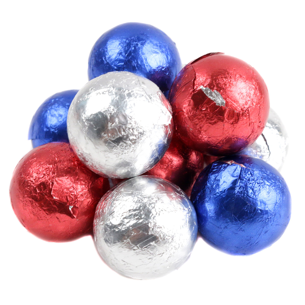 Red, silver, and blue foiled milk chocolate balls, approx 60 per pound, 3/4 inch, perfect for patriotic celebrations.