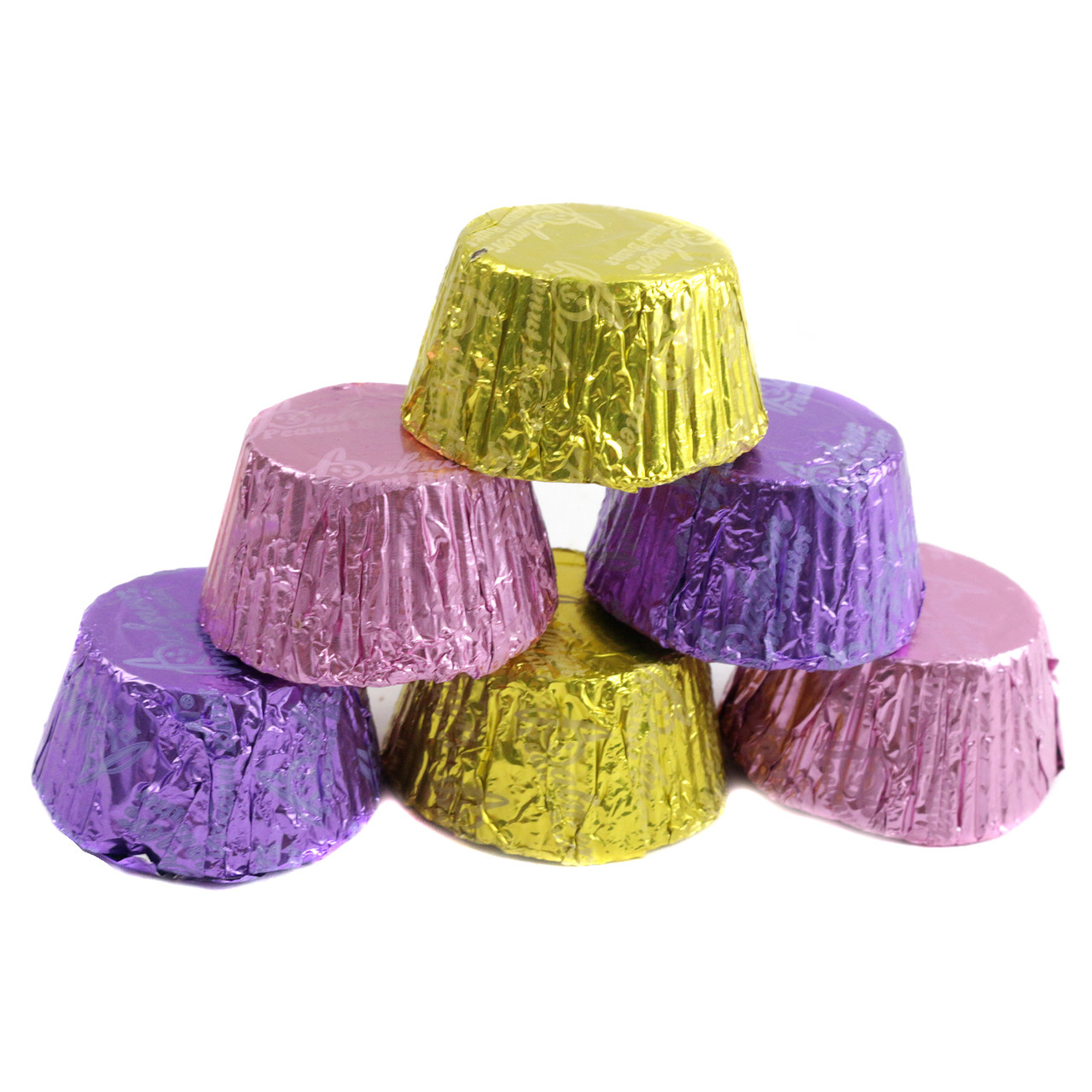 Easter Peanut Butter Cups, RM Palmer, multiple pastel yellow, purple, pink foil-wrapped milk chocolate peanut butter cups.