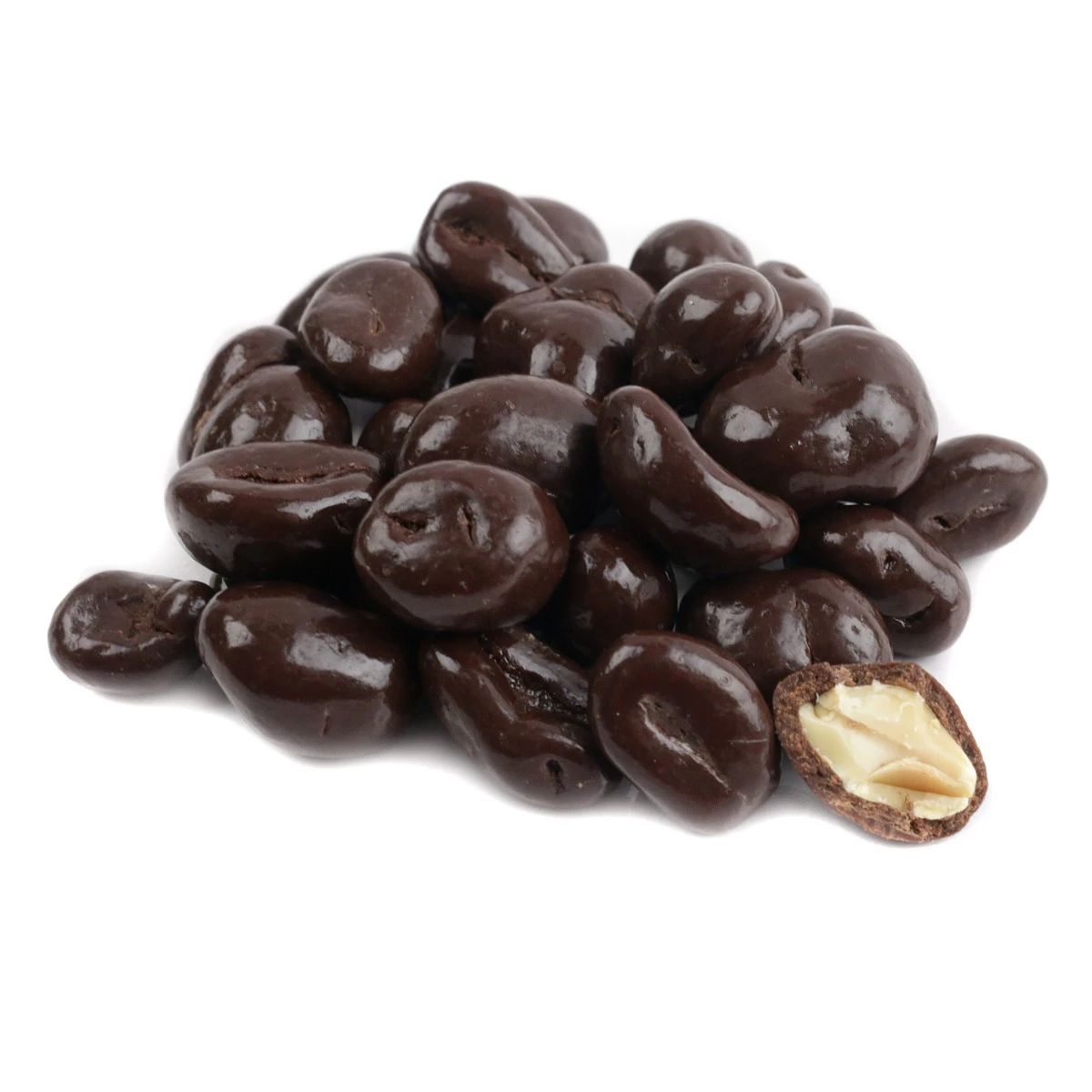 Bulk dark chocolate covered peanuts, crunchy, rich dark brown candy, approximately 320 pieces per pound.