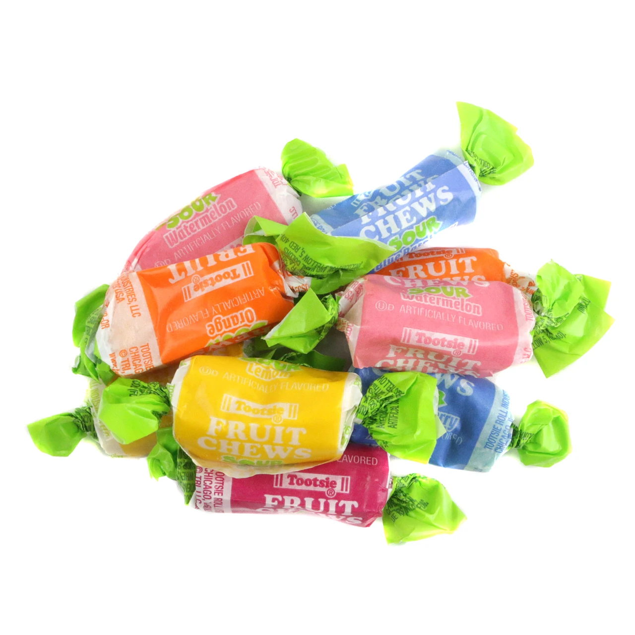 Sour Tootsie Roll Fruit Chews, 1 lb, ~100 individually wrapped. Multi-colored: orange, lemon, cherry, watermelon, blue raspberry.
