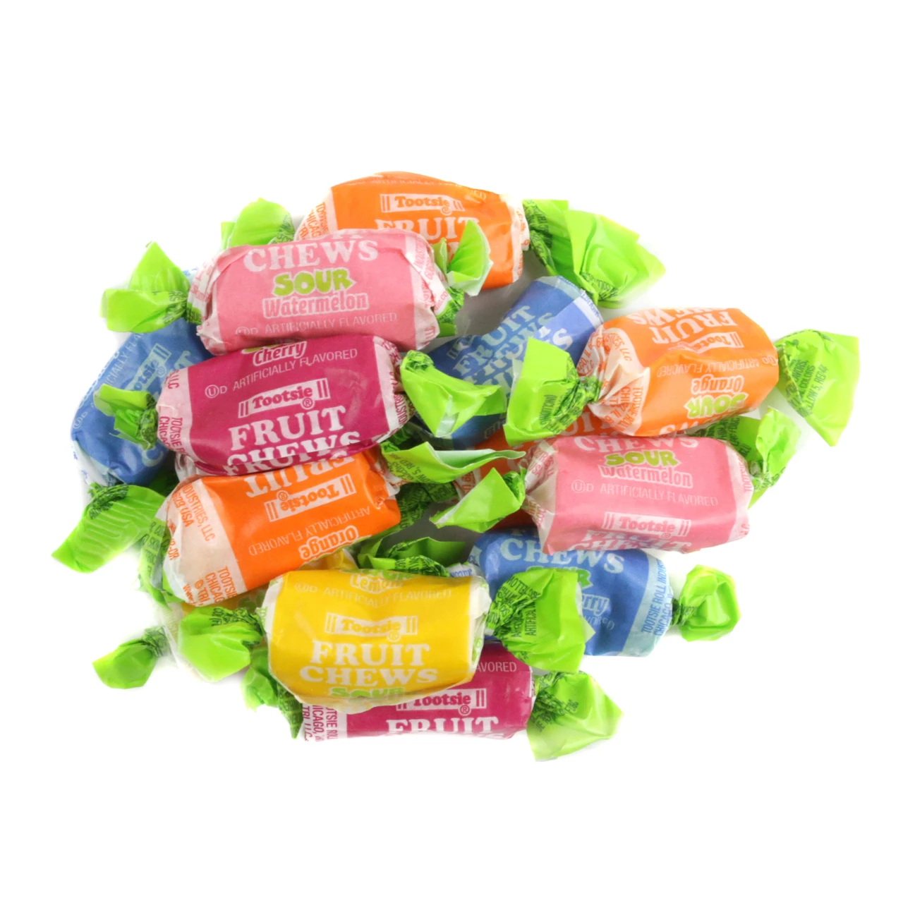 Individually wrapped Sour Tootsie Rolls Fruit Chews, approx 100 pieces, orange, lemon, cherry, watermelon, blue raspberry.