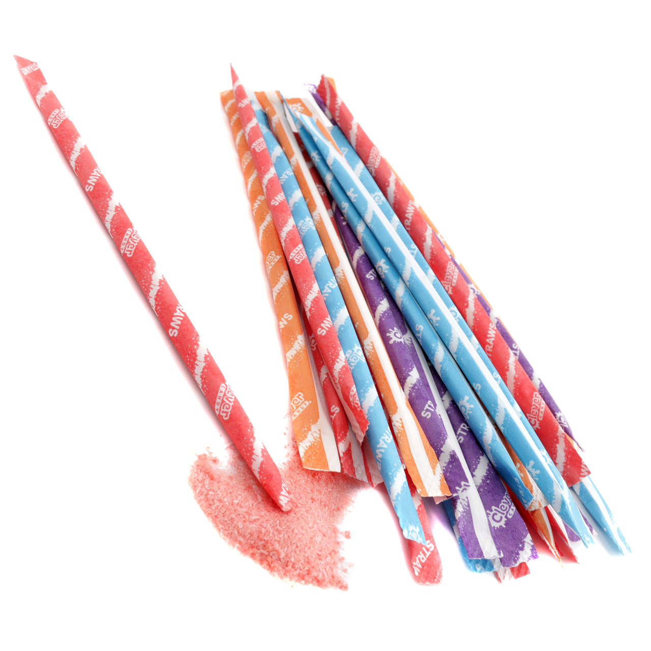 Approx 200 colorful powdered candy straws, tropical punch, cherry, grape, orange flavors.
