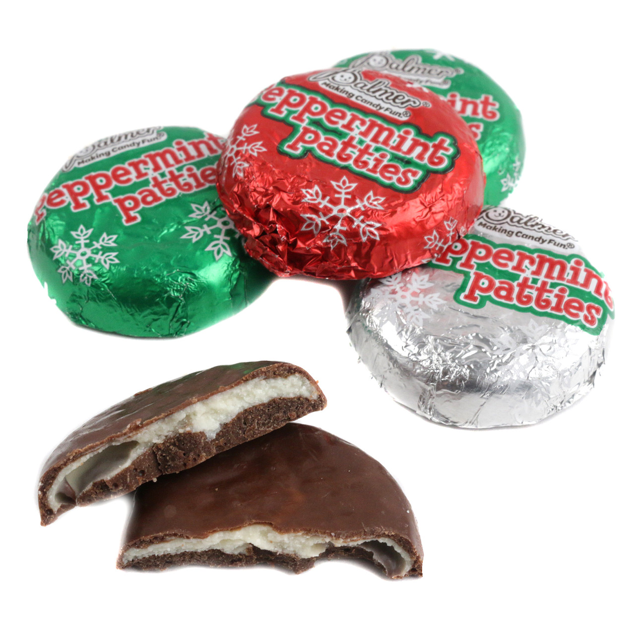 Palmer Christmas Peppermint Patties, individually wrapped in festive foil, showing rich chocolate & white peppermint centers, approx 47 per lb.