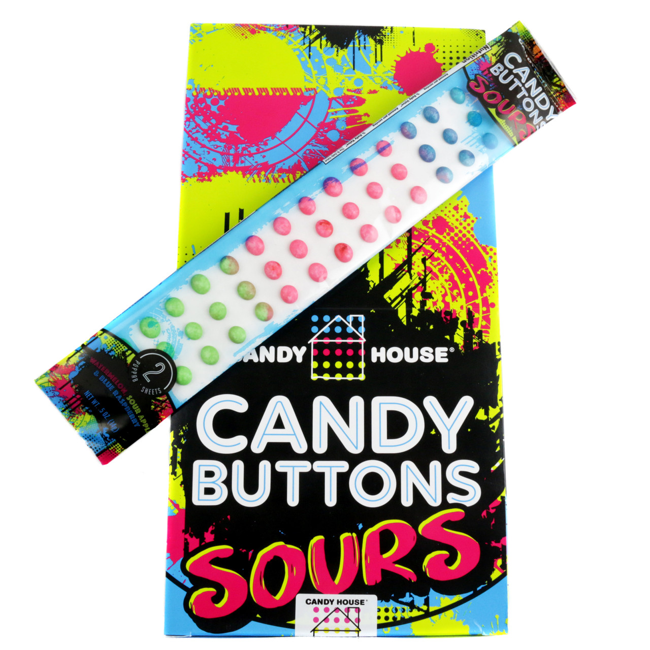 Sour Candy Button Box, 24 individually wrapped bags, rainbow-colored, watermelon, blue raspberry, sour apple flavors.