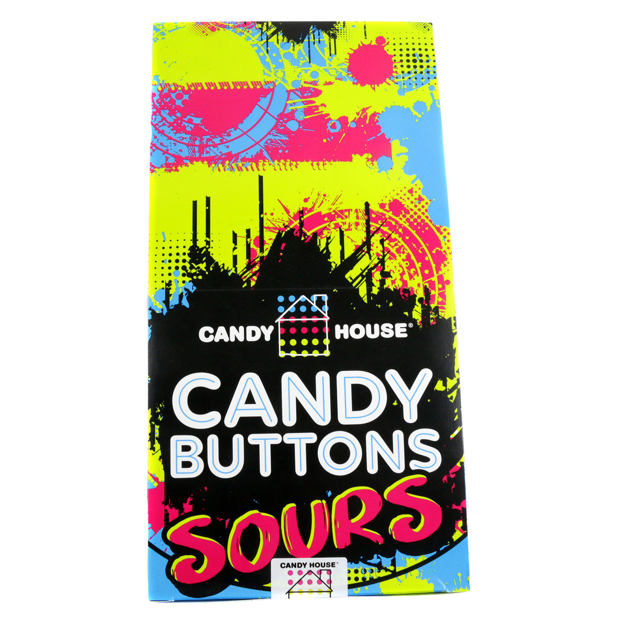 Sour Candy Button Box, 24 individually wrapped bags. Watermelon, blue raspberry, sour apple flavors. Rainbow colored candy.