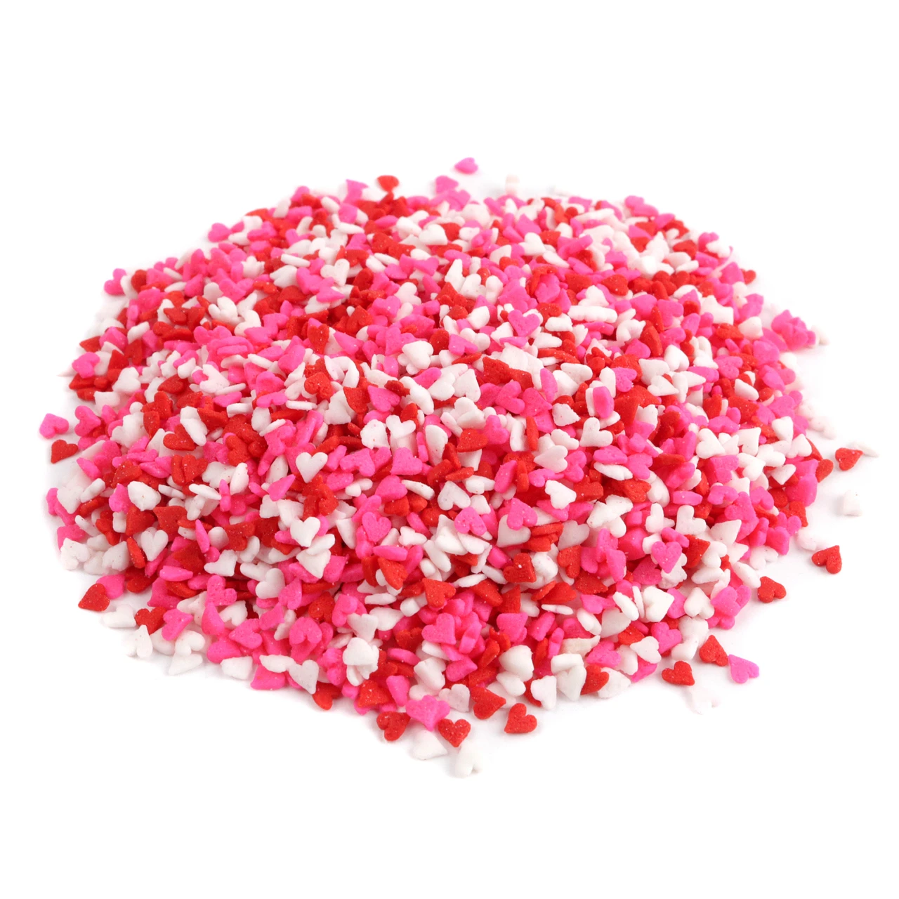 Mini Valentine heart sprinkles, red, white, pink. Small, heart-shaped dessert topping for cupcakes, cookies.