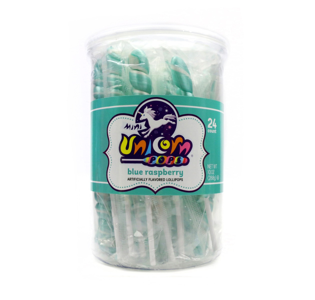 Turquoise mini unicorn lollipops, 24 individually wrapped pieces, blue raspberry flavor.