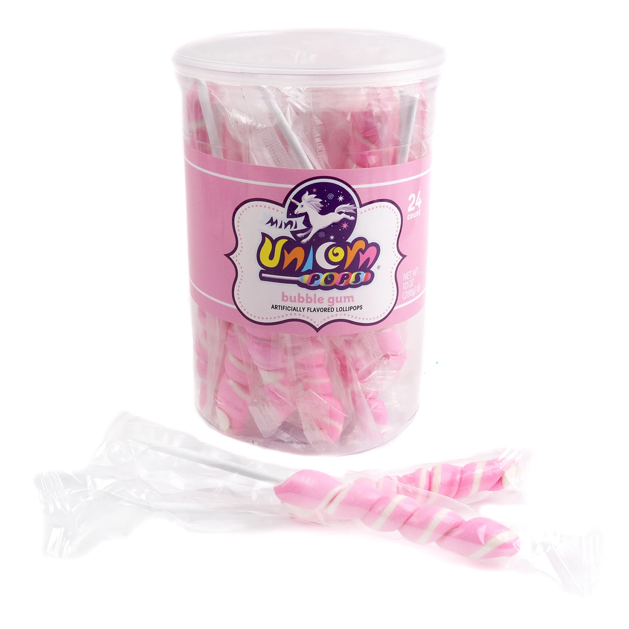 Mini light pink unicorn lollipops, 24 count individually wrapped, bubble gum flavored candy.