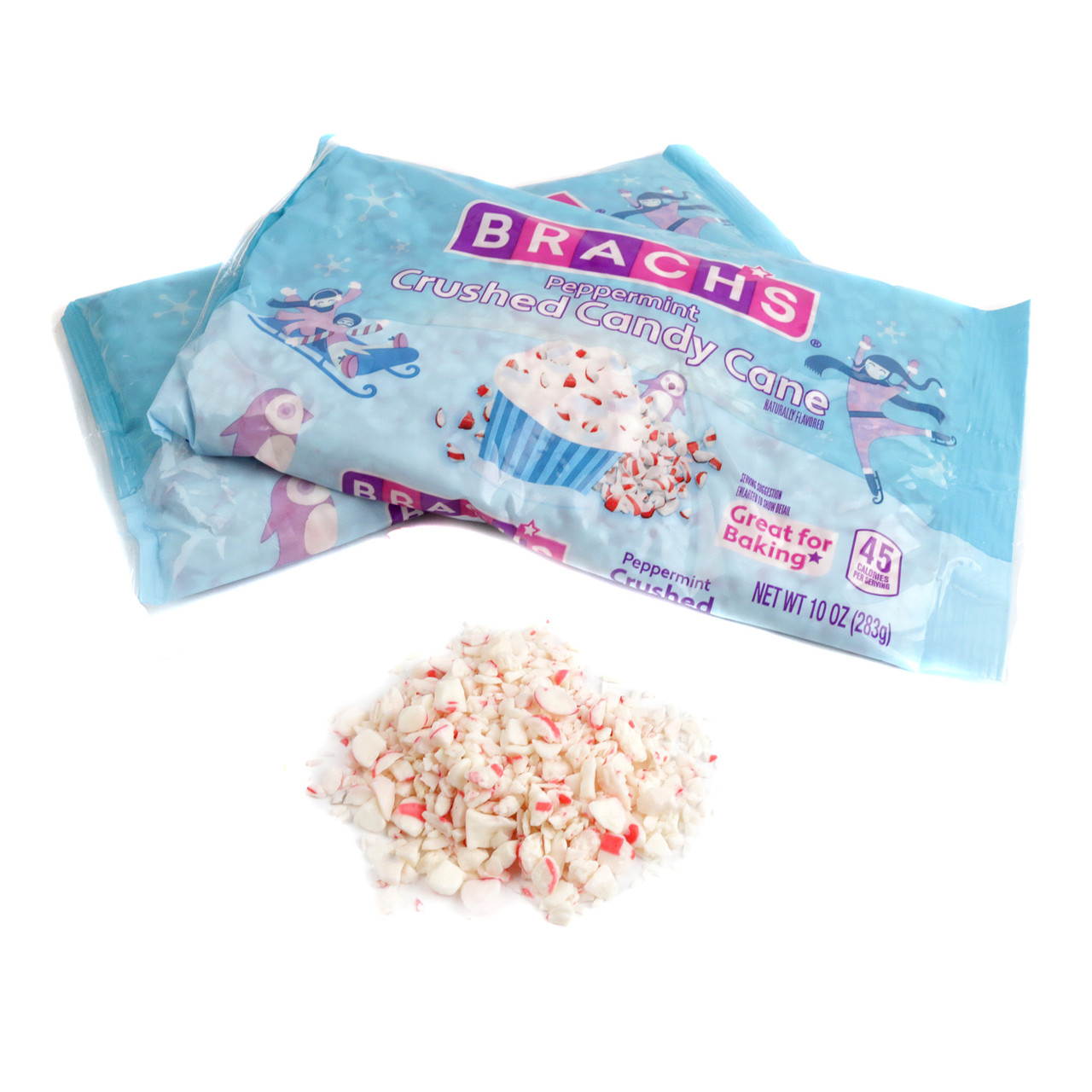 Brach's 10oz bag of vibrant red, white crushed peppermint candy cane pieces for holiday baking.
