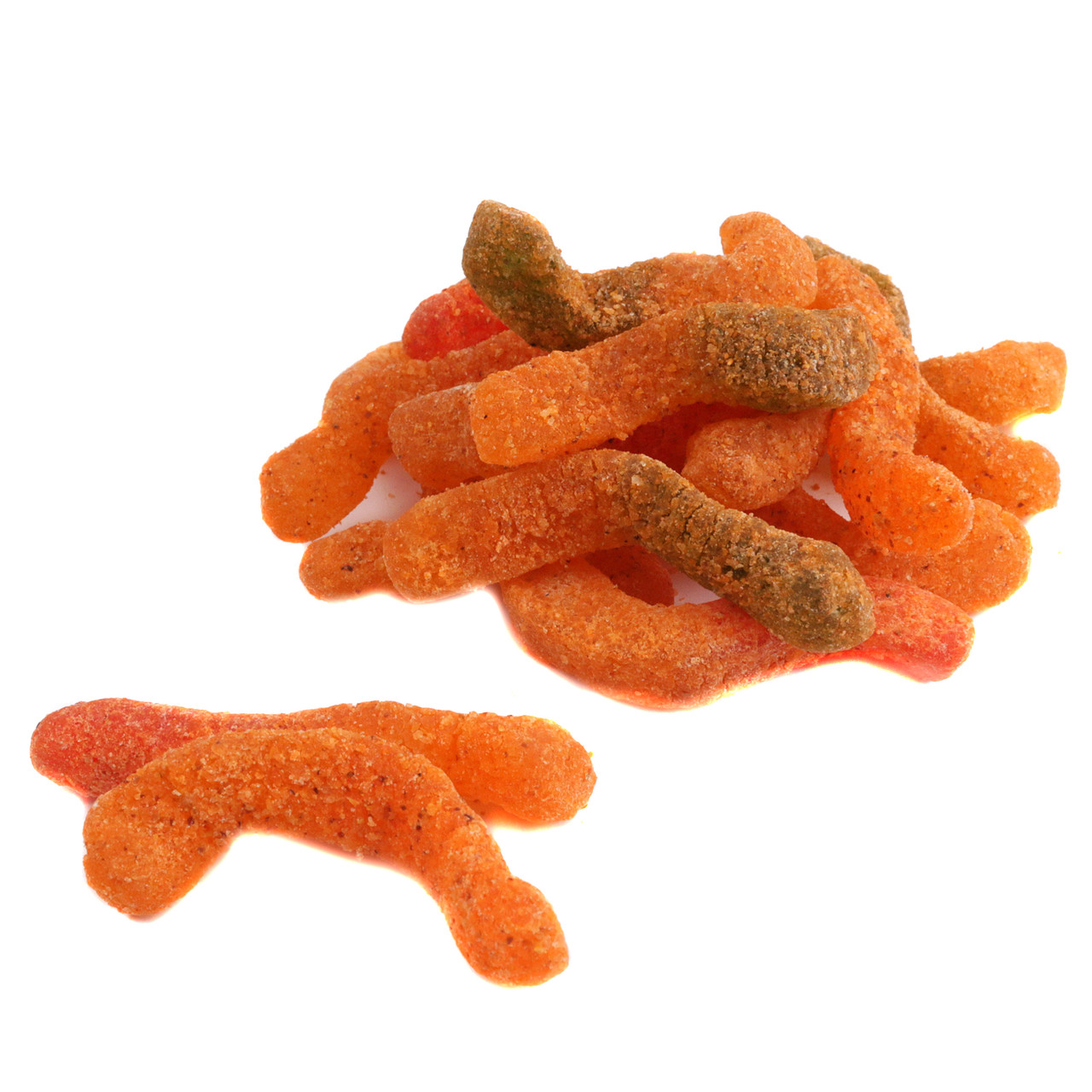 Vibrant assorted color Revolcado Gummy Worms, 90 pieces per pound, coated in tangy red spicy revolcado seasoning.