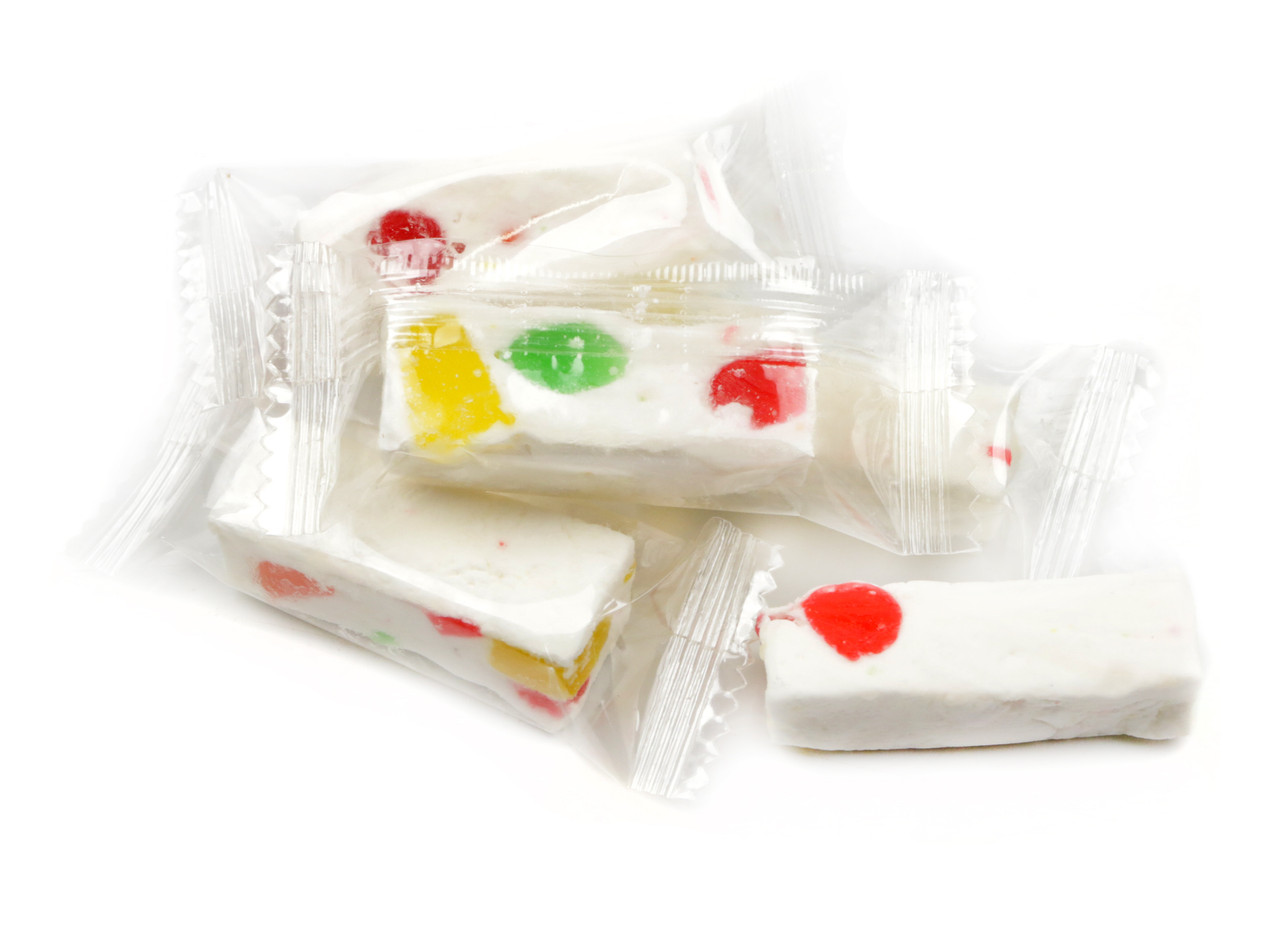 Individually wrapped Jujube Nougat Candy, with orange, lime, cherry, and lemon fruity jelly jubes, soft, fluffy texture.