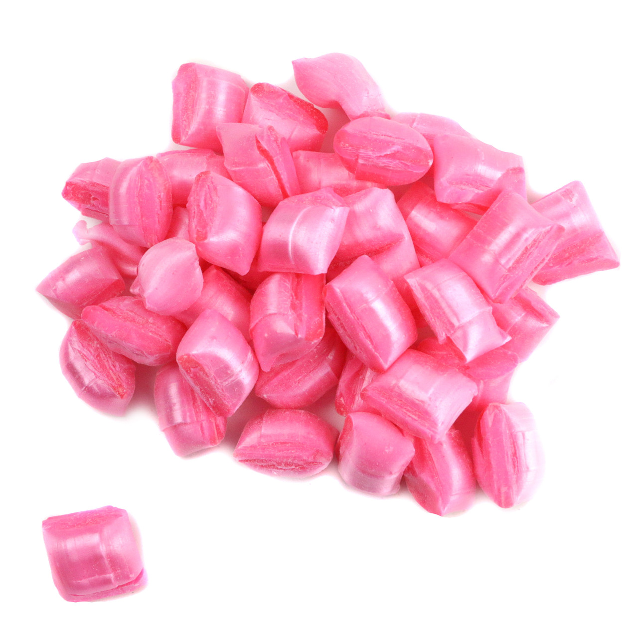 Pink Peppermint Maiden Kisses, pretty pink pillow-shaped hard candies, refreshing minty flavor, 450 per lb.