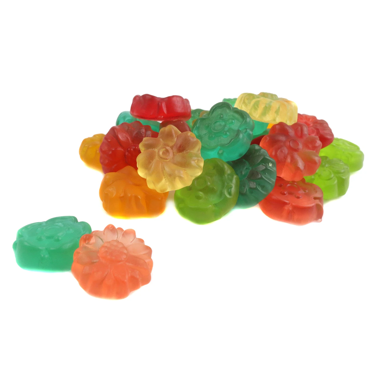Bulk unwrapped Gummy Flowers, ultra-detailed floral shapes, vibrant pastel colors: peach, orange, strawberry, cherry, apple, raspberry.