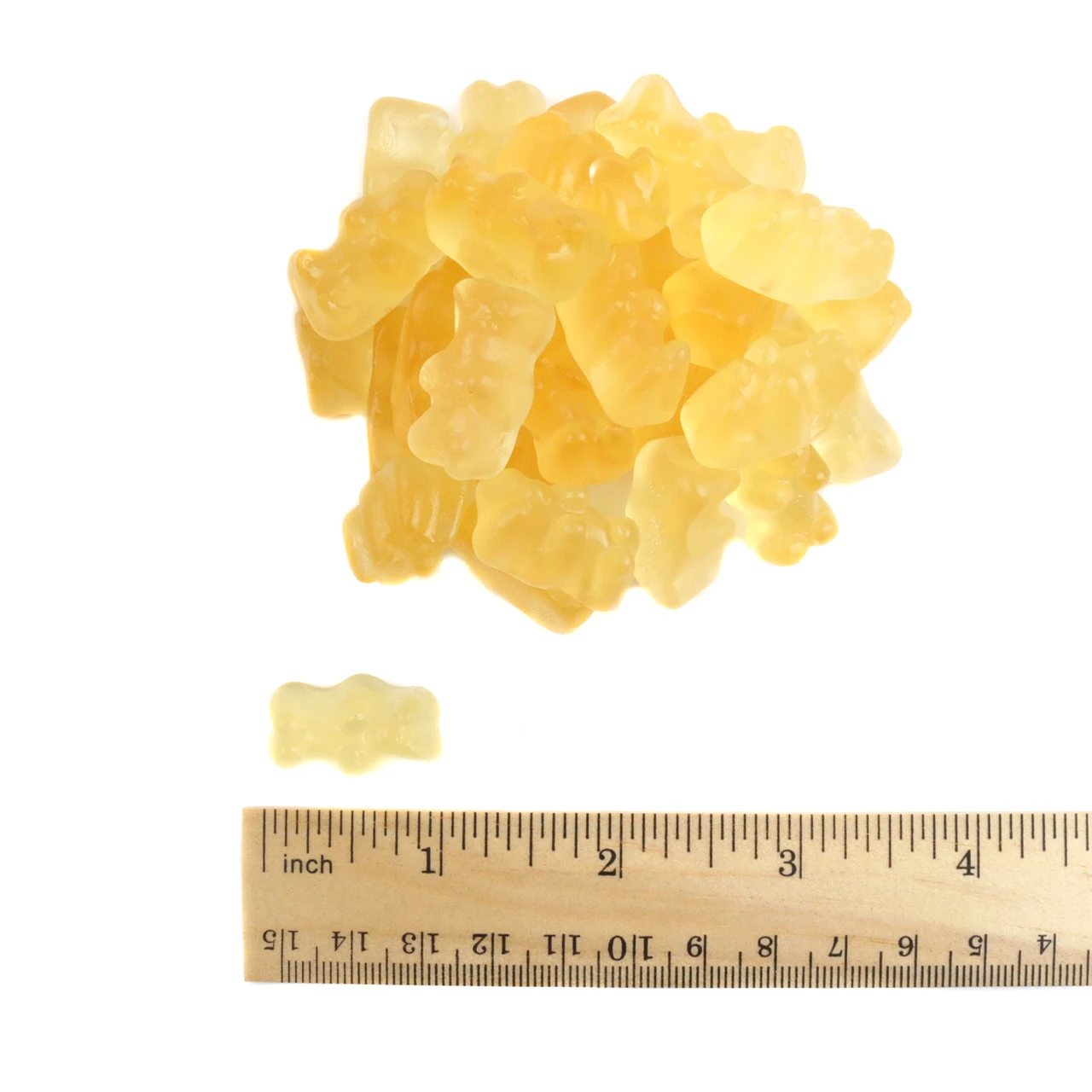 Yellow pineapple gummy bears, sweet tropical luau candy, approximately 125 bears per pound.
