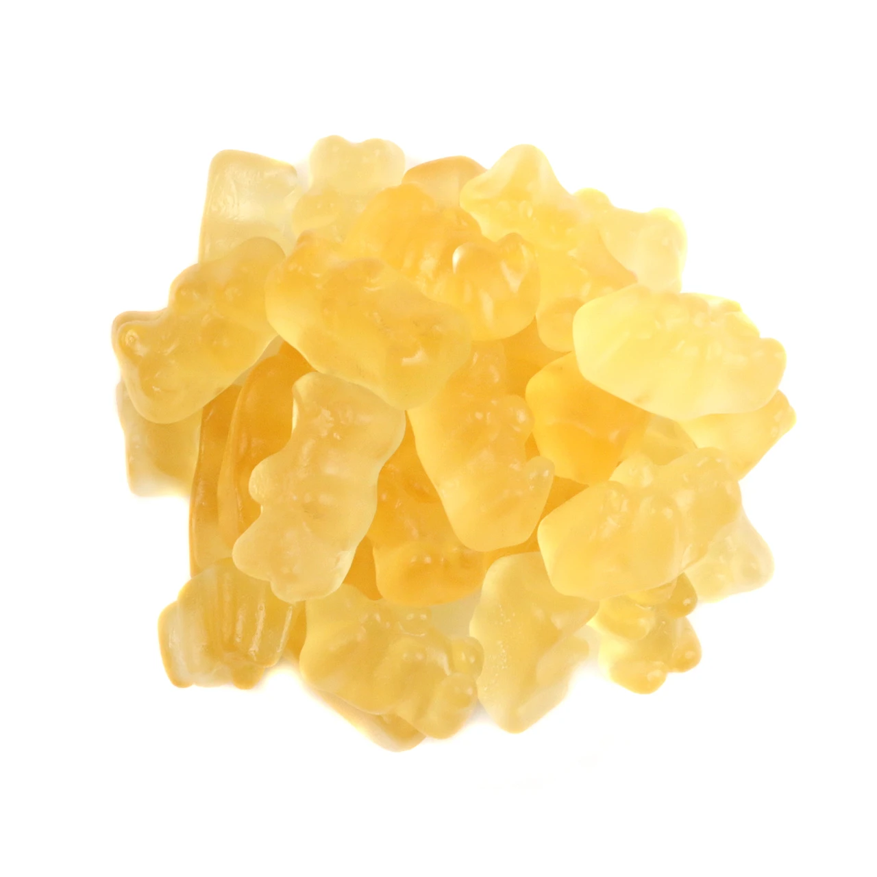 Bright yellow pineapple gummy bears, sweet tropical flavor. Bulk candy, approx. 125 bears per pound for parties.