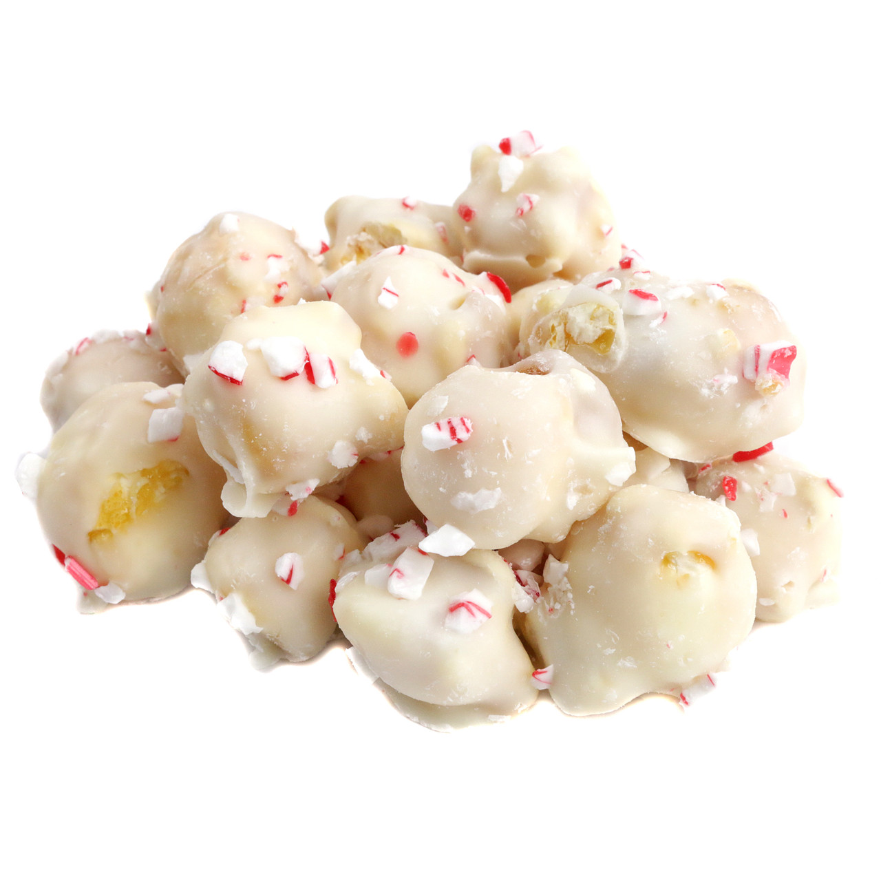 White popcorn generously covered in vibrant red crushed candy cane pieces, festive Christmas peppermint flavor, Made in USA.