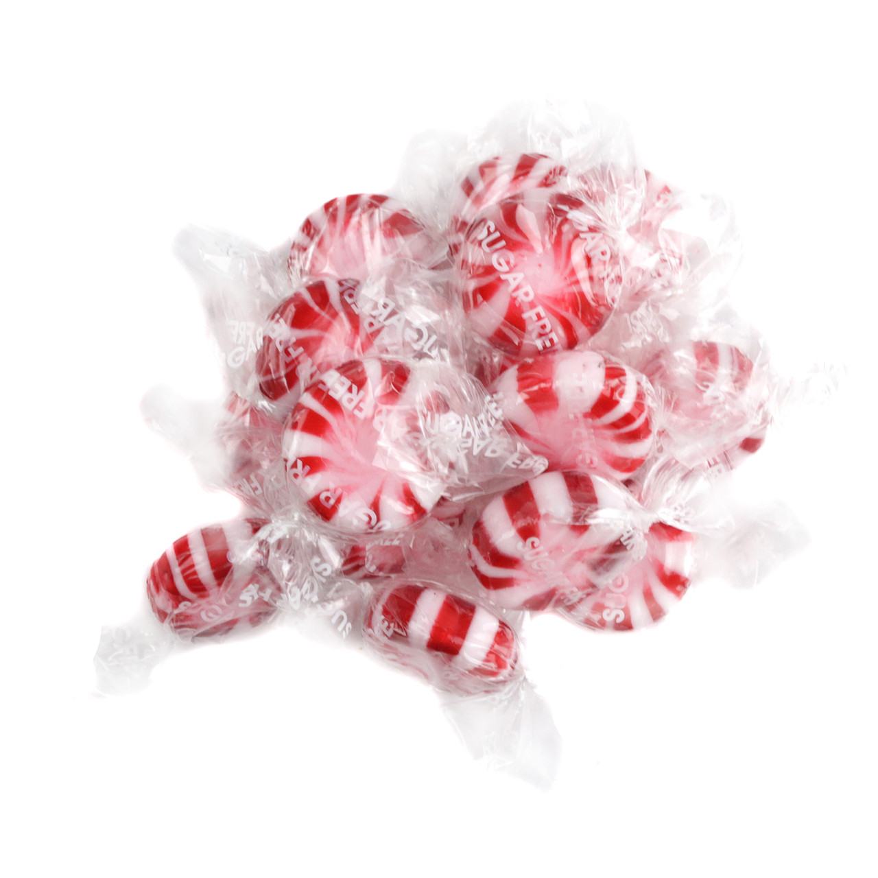 Sugar-free Peppermint Starlights, white hard candy with red stripes, individually wrapped, approx 90 per pound.