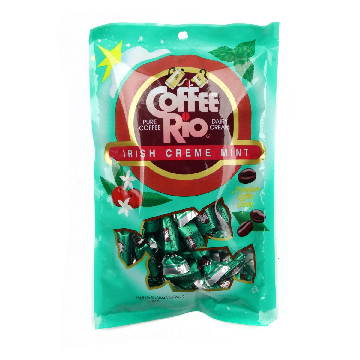 Coffee Rio Irish Crème Mint hard candies, 6x 5.5oz bags, individually wrapped green pieces, creamy coffee and mint flavor.