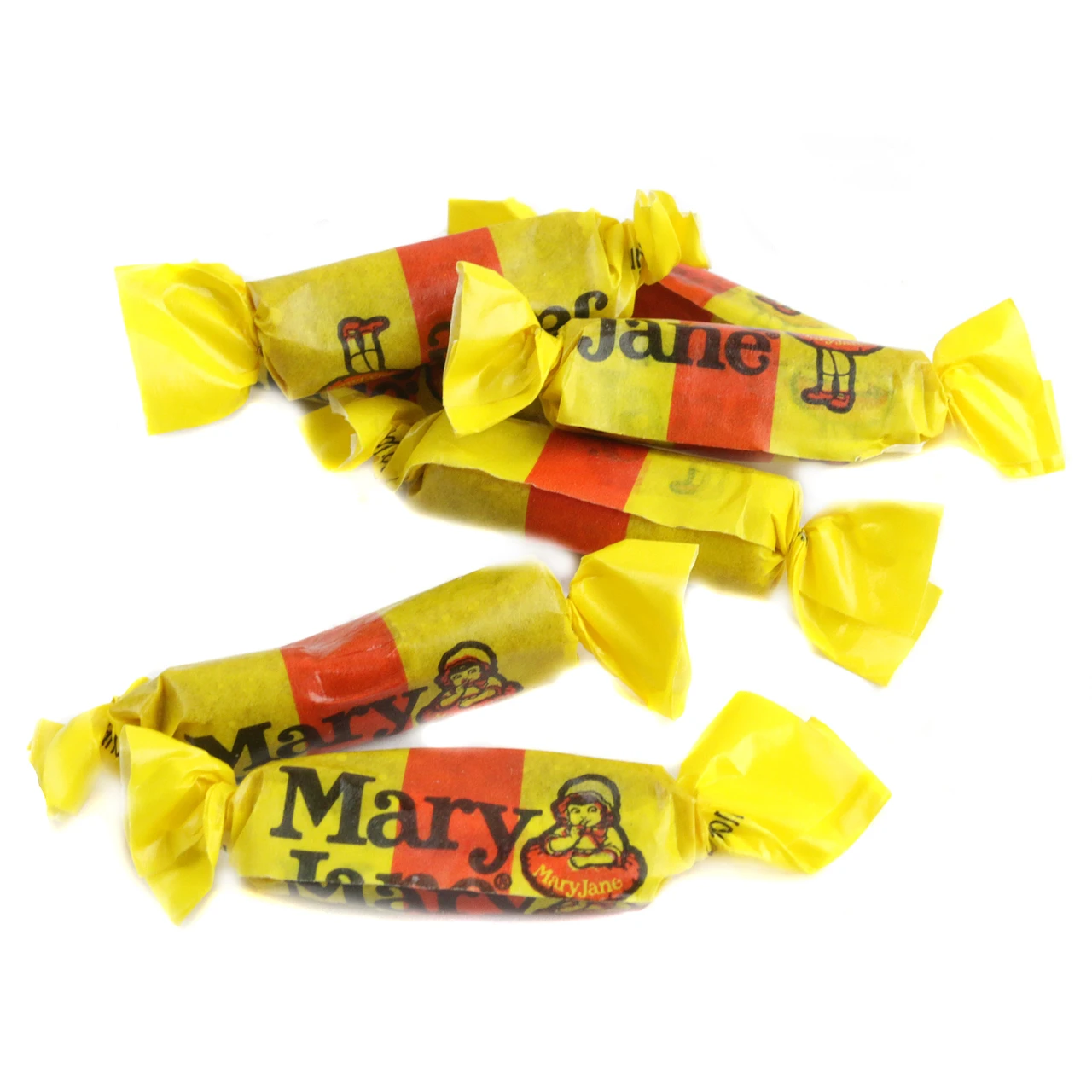 Mary Jane peanut butter molasses taffy, individually wrapped in iconic yellow and red, approx. 100 bite-size pieces per pound.