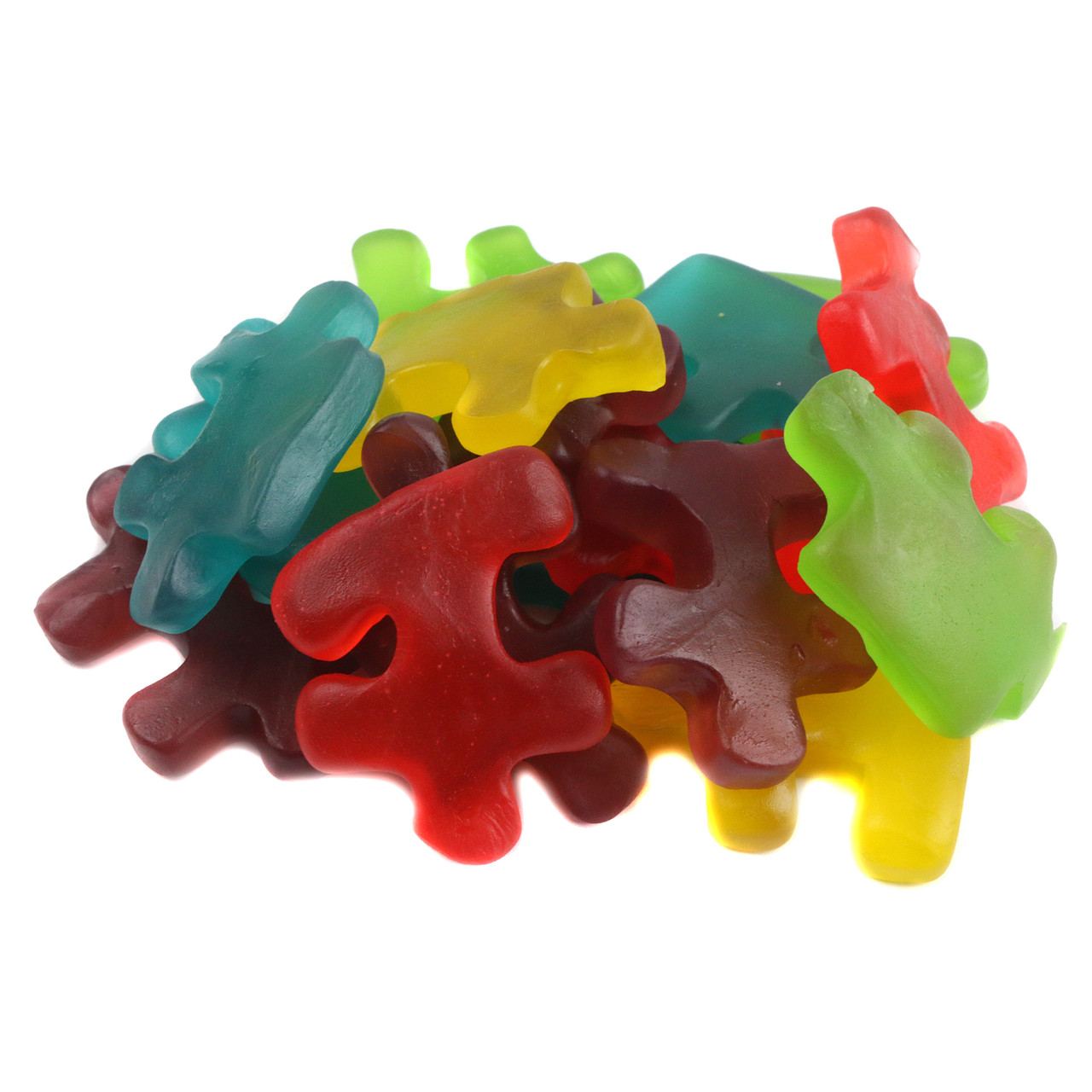 Vibrant Gummy Puzzle Pieces in red, green, blue, yellow, purple. Fruity cherry, blueberry, green apple, lemon, grape candy.
