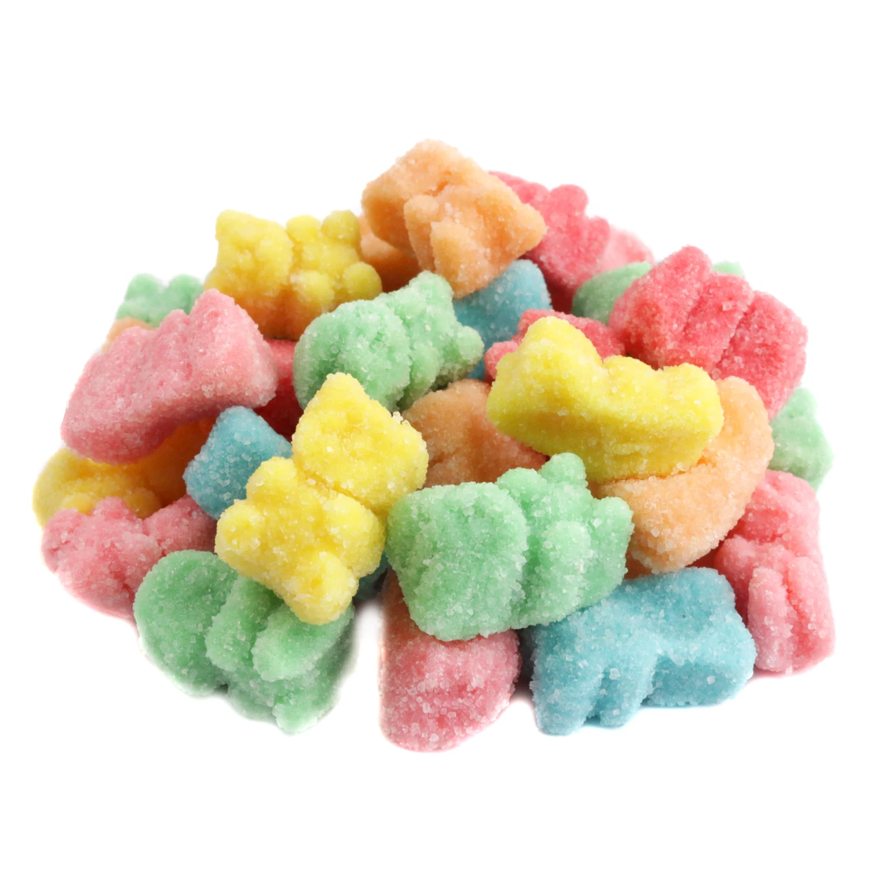 Bright neon sugar sanded gummy bears, assorted fruity colors, approx 145 bears per pound.