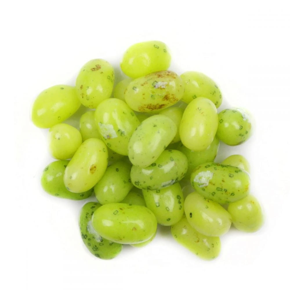 Sweet green Jelly Belly Juicy Pear jelly beans, a large pile of bulk candy, fruity real pear flavor, approx 400 per pound.
