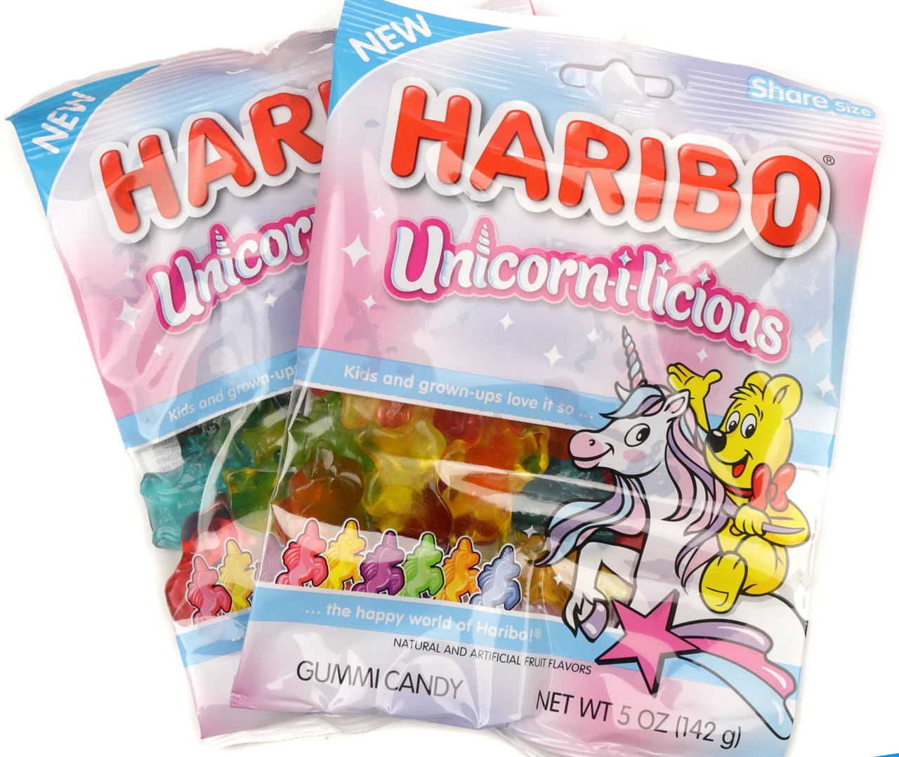 Haribo Unicorn-i-licious Gummy Unicorns 5oz bag, colorful unicorn-shaped gummies, vibrant cotton candy, apple, blue raspberry flavors.