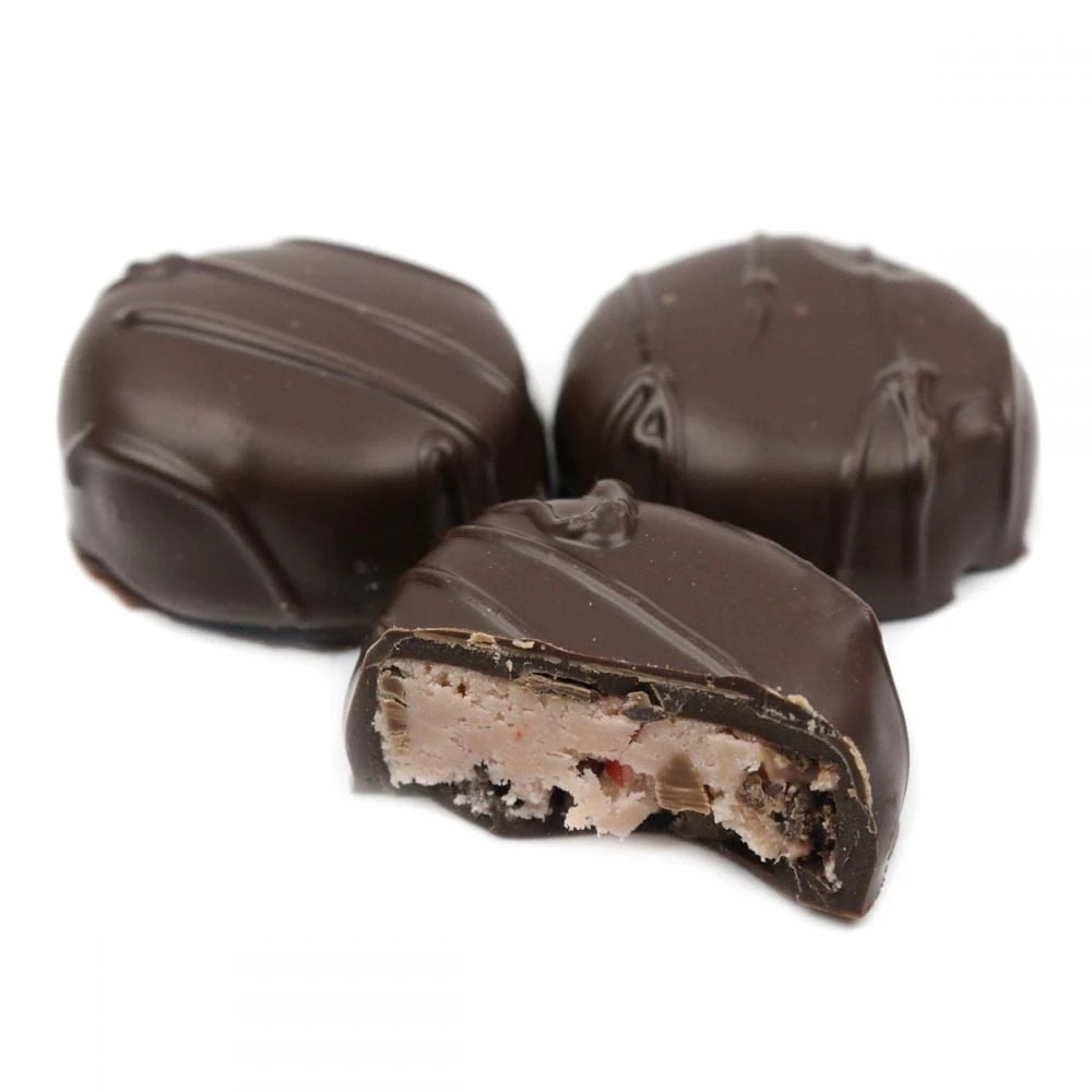 Ashers Dark Chocolate Cherry Cordial Creams, rich dark chocolate shell with creamy white vanilla buttercream & red cherry pieces, approx 25 pieces.
