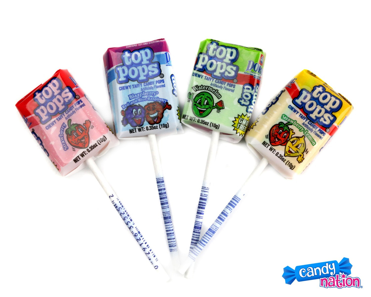Top Pops Assorted Bulk Lollipops, vibrant strawberry, blazpberry, watermelon, strawberry lemon fruit taffy, 65 per pound.