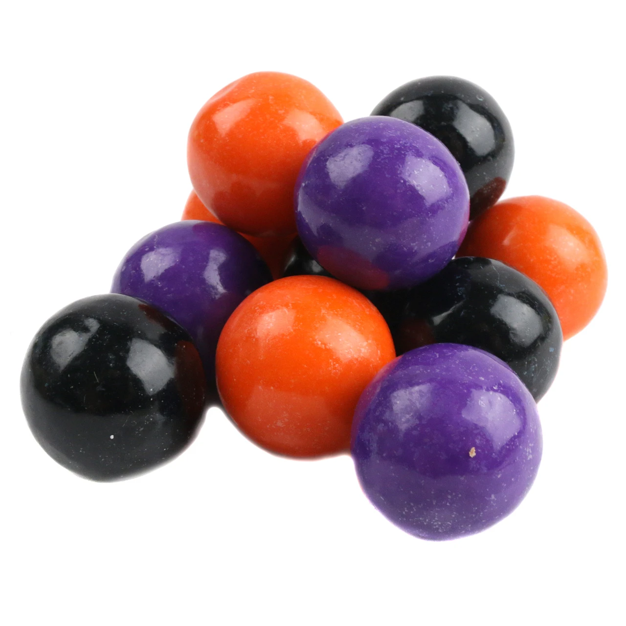Clever Candy Halloween gumballs, orange, purple, black, 1 inch diameter, approx 60 per pound, fruity flavors.