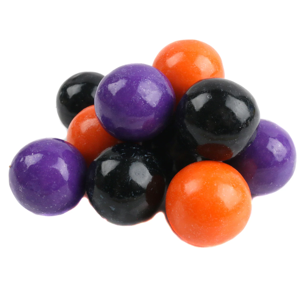 Clever Candy Halloween gumballs. Orange, purple, black mix, orange, grape, fruity flavors. Approx. 60 1-inch gumballs.