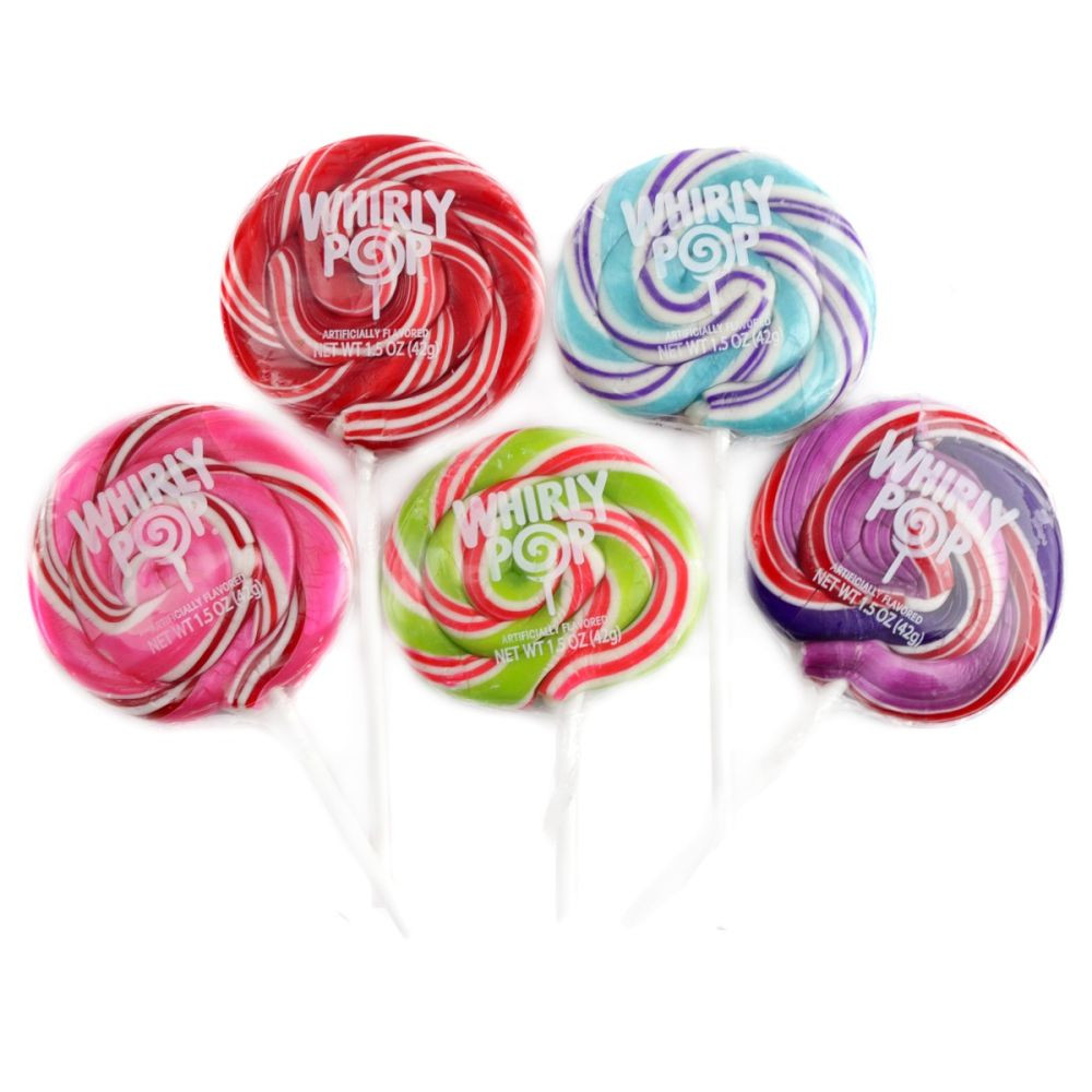 Giant Whirly Pop Assorted Mix, 24 vibrant rainbow coiled lollipops, 1.5 oz each, bursting with fruit flavors.