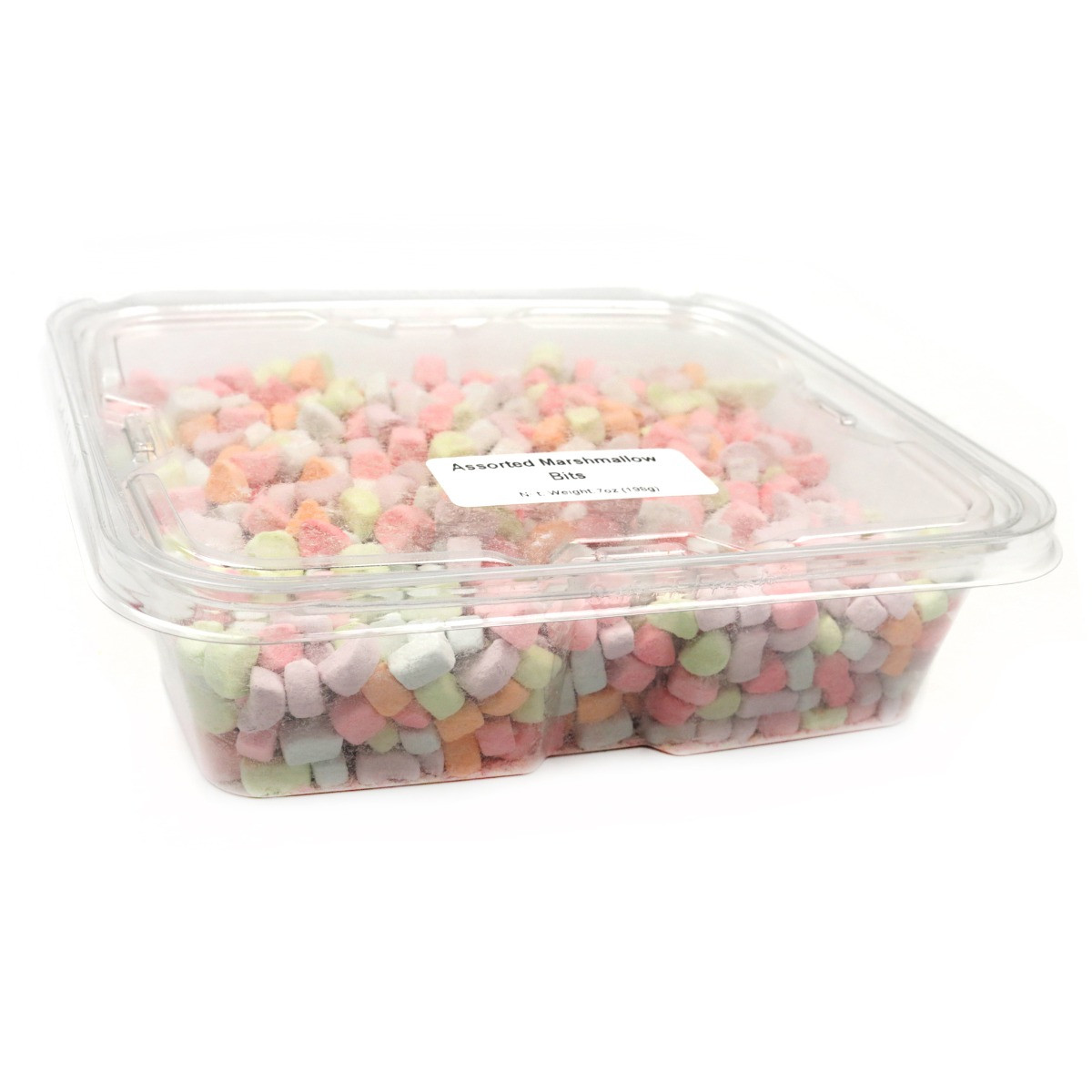7oz assorted mini rainbow vanilla dehydrated marshmallow bits, pastel dessert topping.