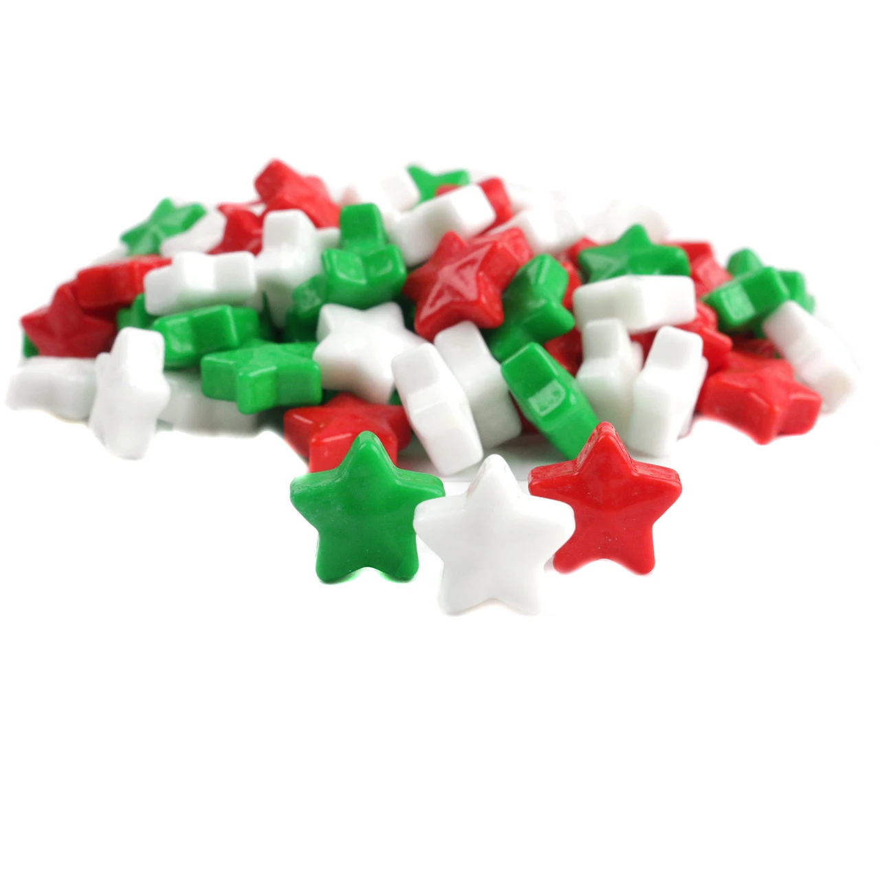Red, white, and green star-shaped Christmas dextrose candies, approx. 720 pieces per pound.