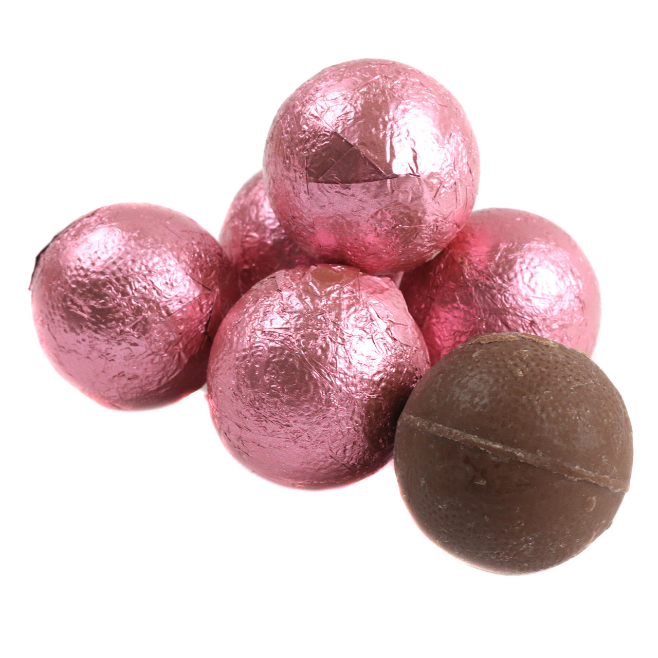 Bright pink foiled double chocolate balls by Palmer, rich chocolate center, approx. 35 pieces per pound, Made in USA.