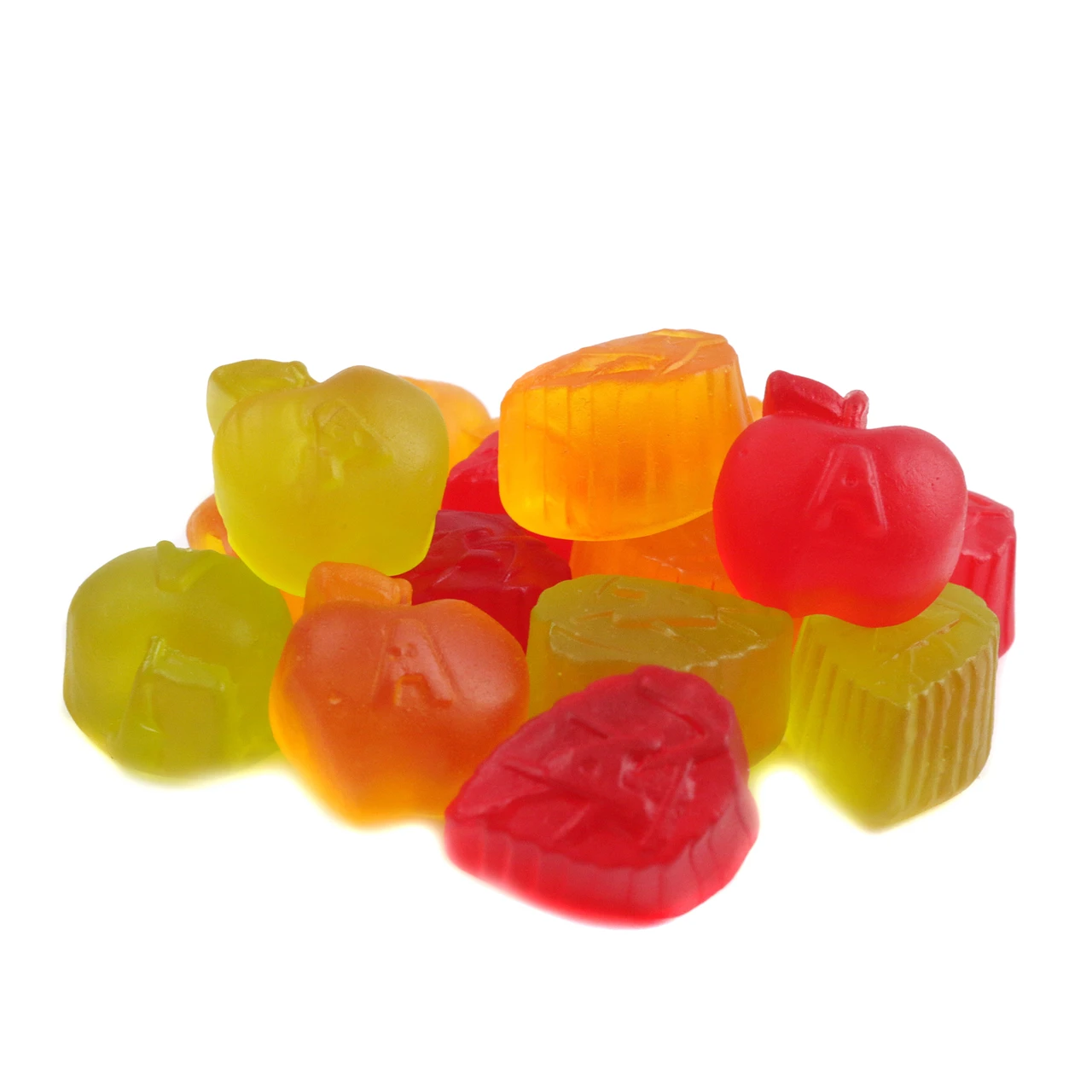 Albanese Apple Orchard Gummies, 128 red, green, yellow apple-shaped gummies per pound, bursting with fall apple flavor.