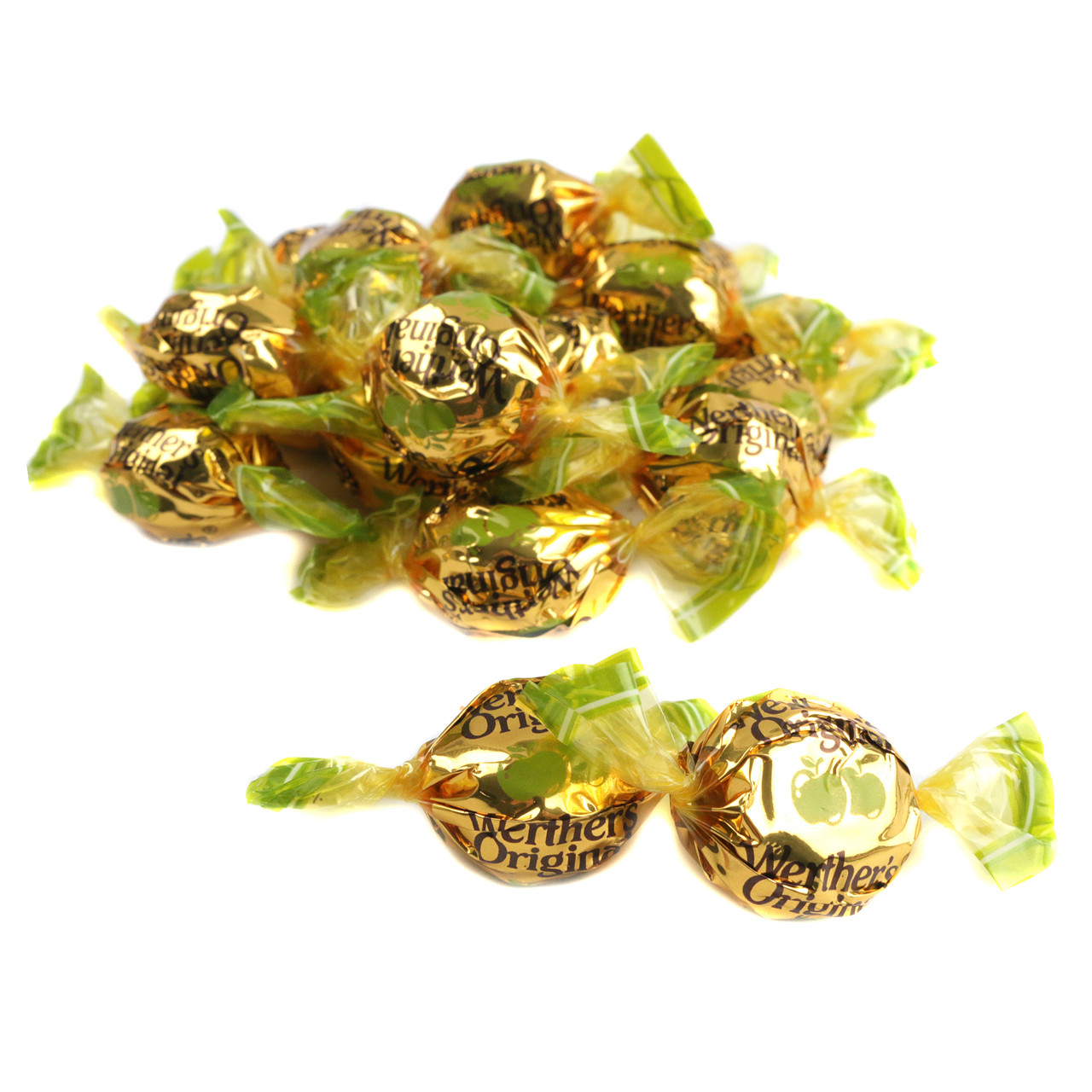 Individually wrapped Werthers Caramel Apple hard candies, golden brown with creamy green apple filling, real butter, fresh cream.
