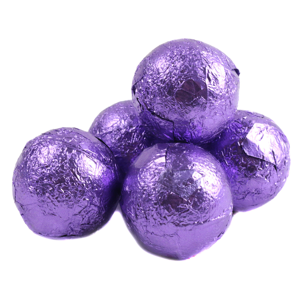 Vibrant purple foil Double Chocolate Balls, creamy milk chocolate center, approx 35 pieces per pound.