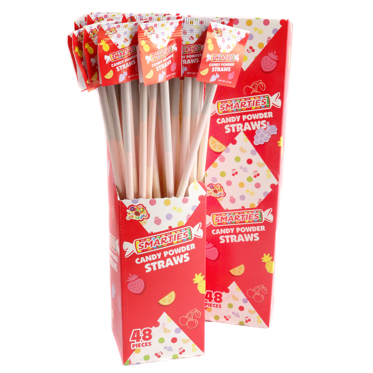 Smarties candy powder filled straws, 48 piece pack. Rainbow-colored, multi-layered sweet treats.