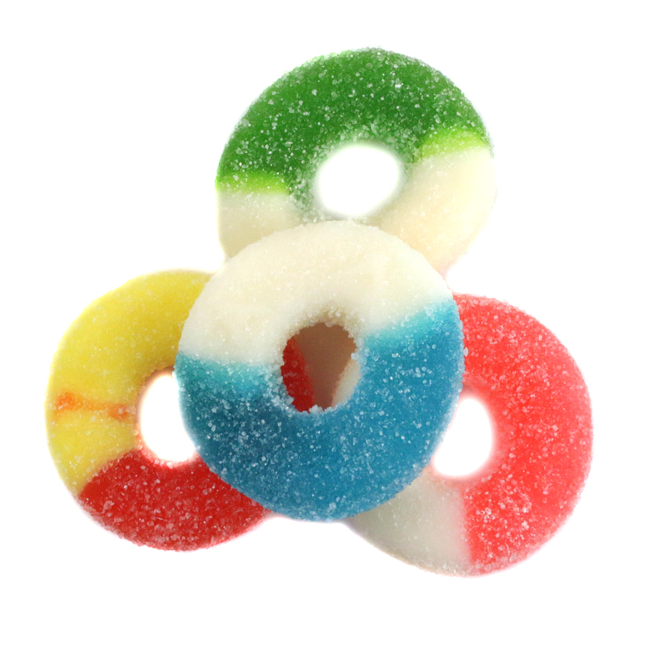 Vibrant assorted gummy rings: green apple, blue raspberry, peach, watermelon. Approximately 64 pieces per 1 lb.