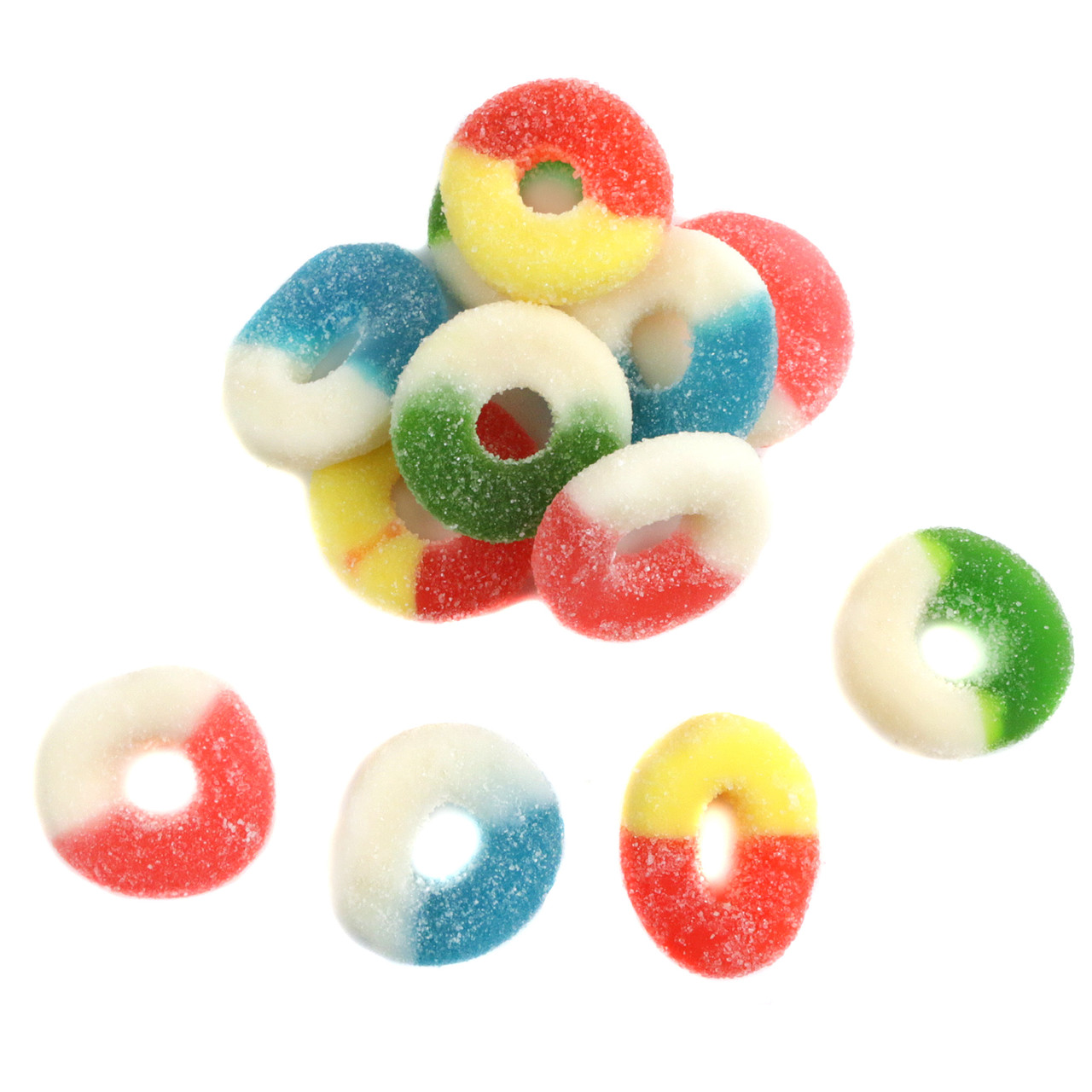 Assorted gummy rings, green, blue, orange, red, with apple, blue raspberry, peach, watermelon flavors. Approx 64 pieces.