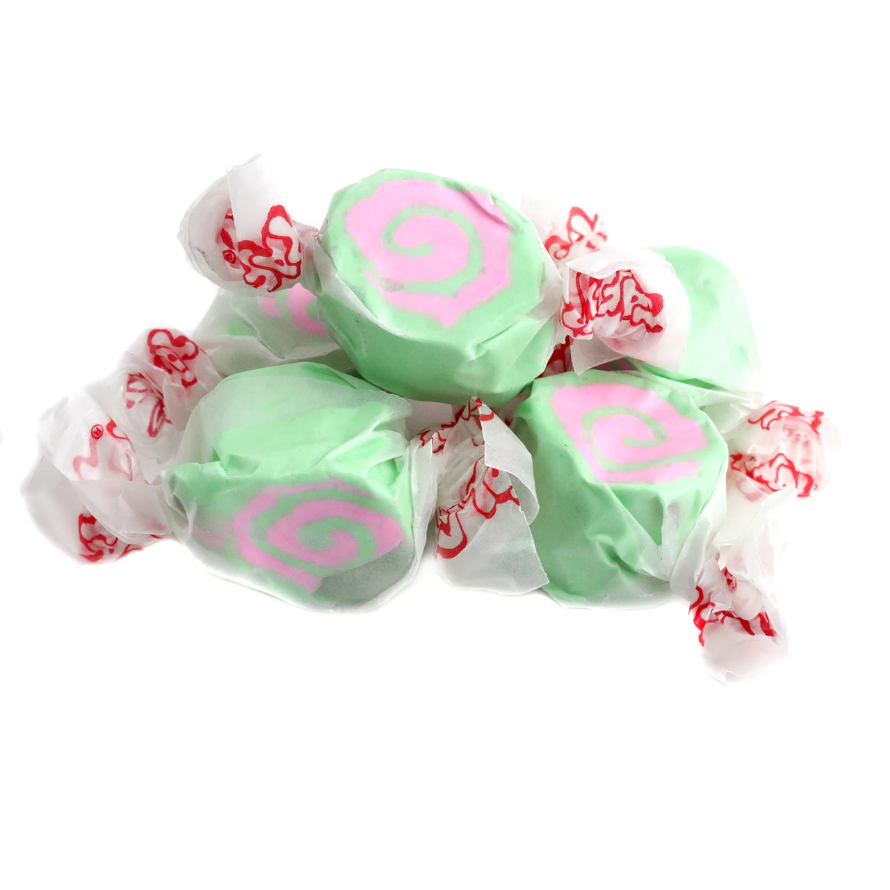 Vibrant pink Taffy Town Salt Water Taffy Cherry Limeade, individually wrapped, with sweet, tangy cherry and lime flavors.