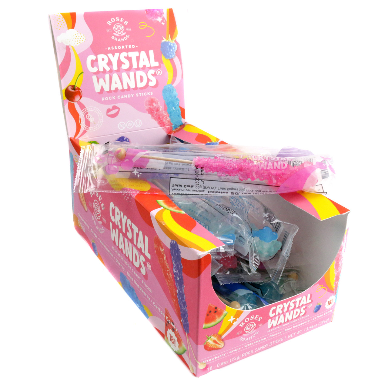 Assorted rock candy sticks, 18 pieces, vibrant red, light blue, green, pink, blue, purple colors.