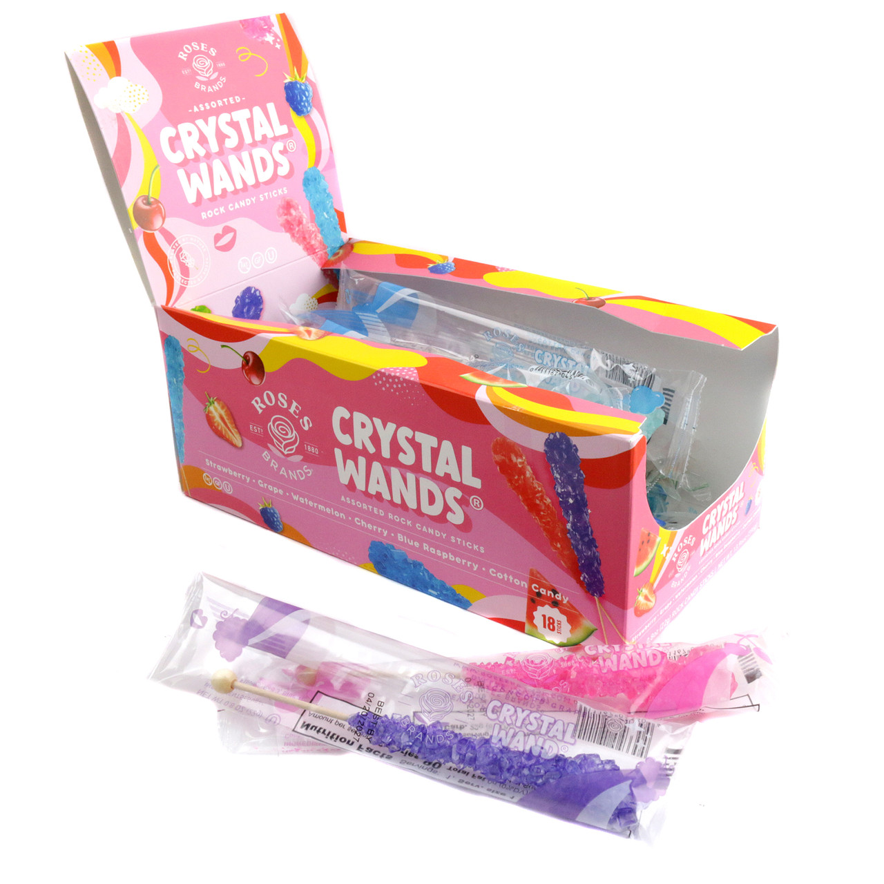 18 assorted rock candy sticks from Richardson Brands. Red, light blue, green, pink, blue, purple, individually wrapped.