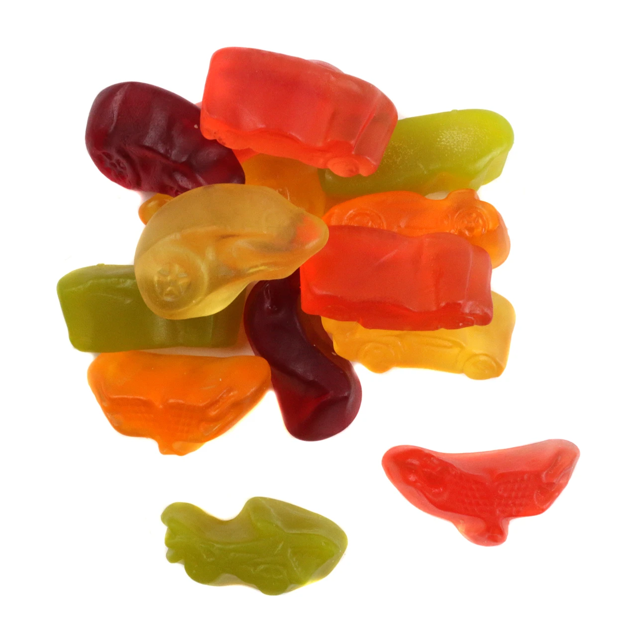Hot Wheels Gummies, colorful racecar & vehicle shapes in orange, red, green, yellow. Approx. 90 per pound.