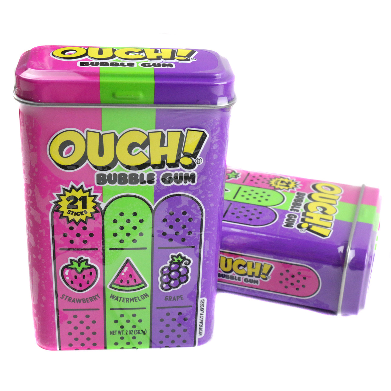 12 Ouch! Bubble Gum Band Aid metal tins, designed like bandages, 21 pieces watermelon, strawberry, grape bubblegum.